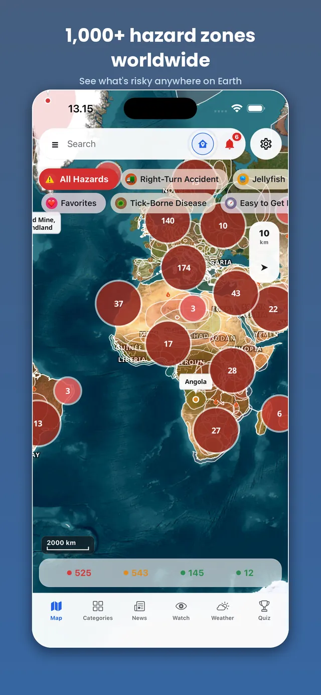 Dangers Here on iPhone: the world map covered in hazard-zone clusters — 1,000+ hazard zones worldwide.