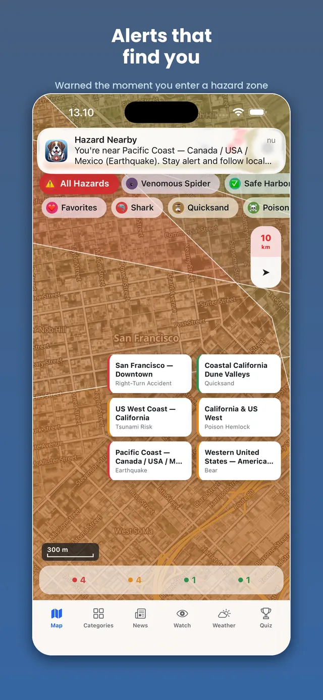 Dangers Here on iPhone: a hazard-nearby alert over the street map — Alerts that find you.