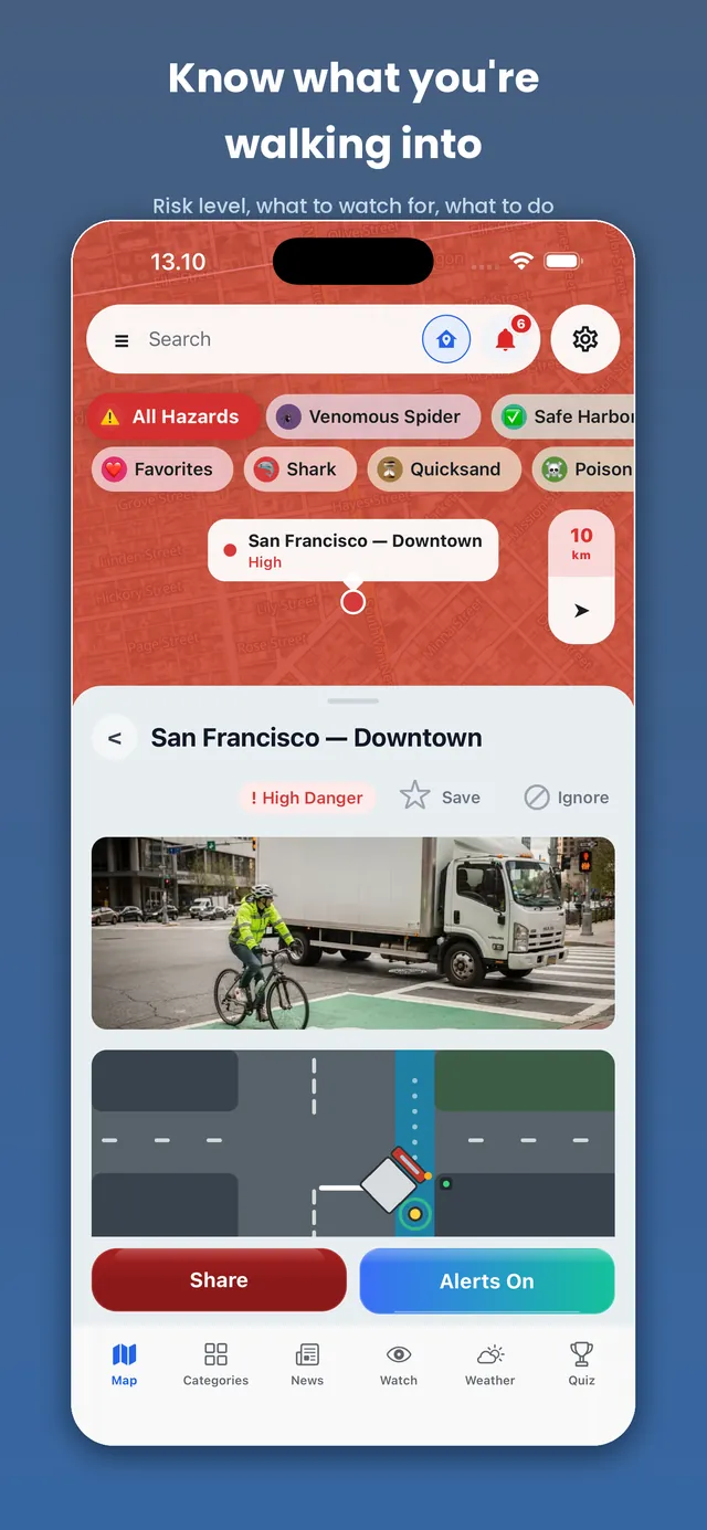 Dangers Here on iPhone: a zone page with its risk level and photos — Know what you're walking into.