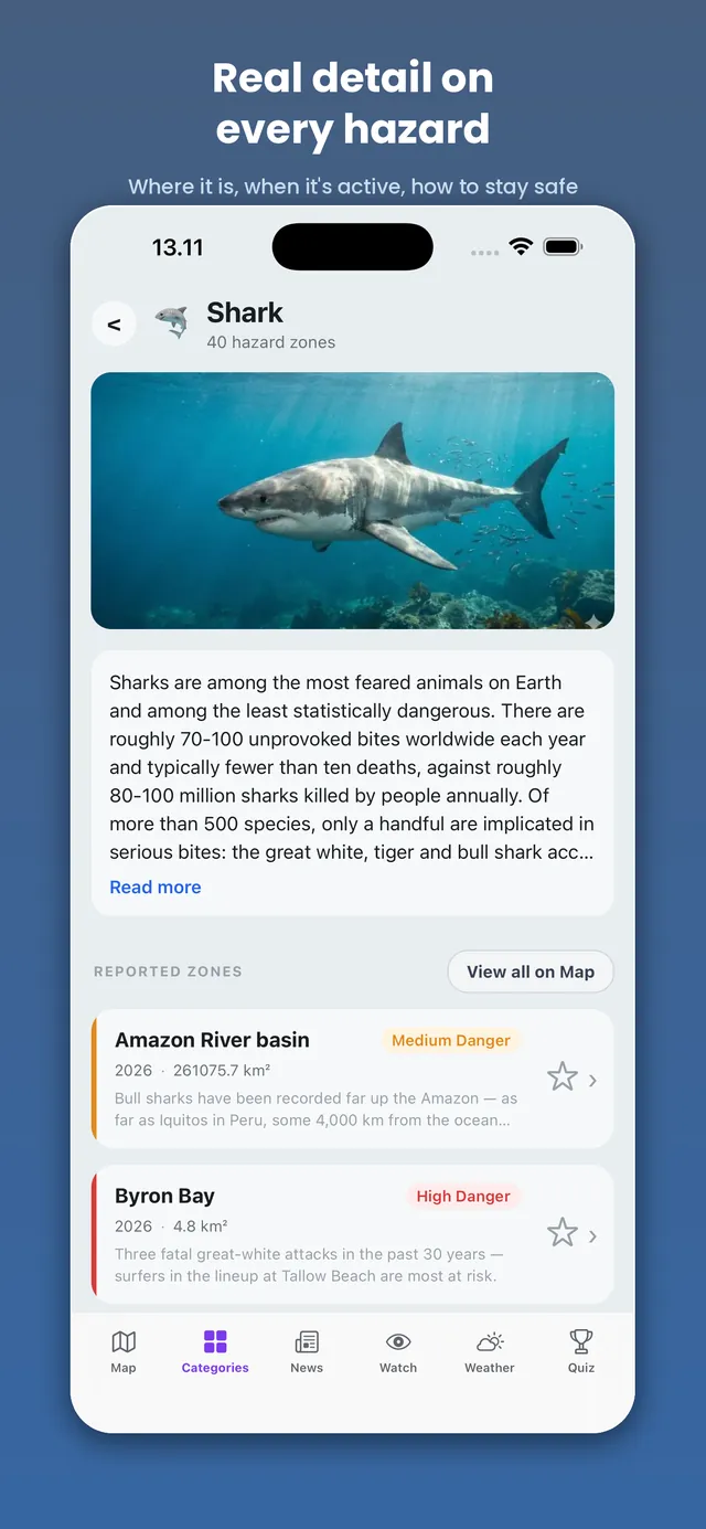 Dangers Here on iPhone: the shark page with its reported zones — Real detail on every hazard.