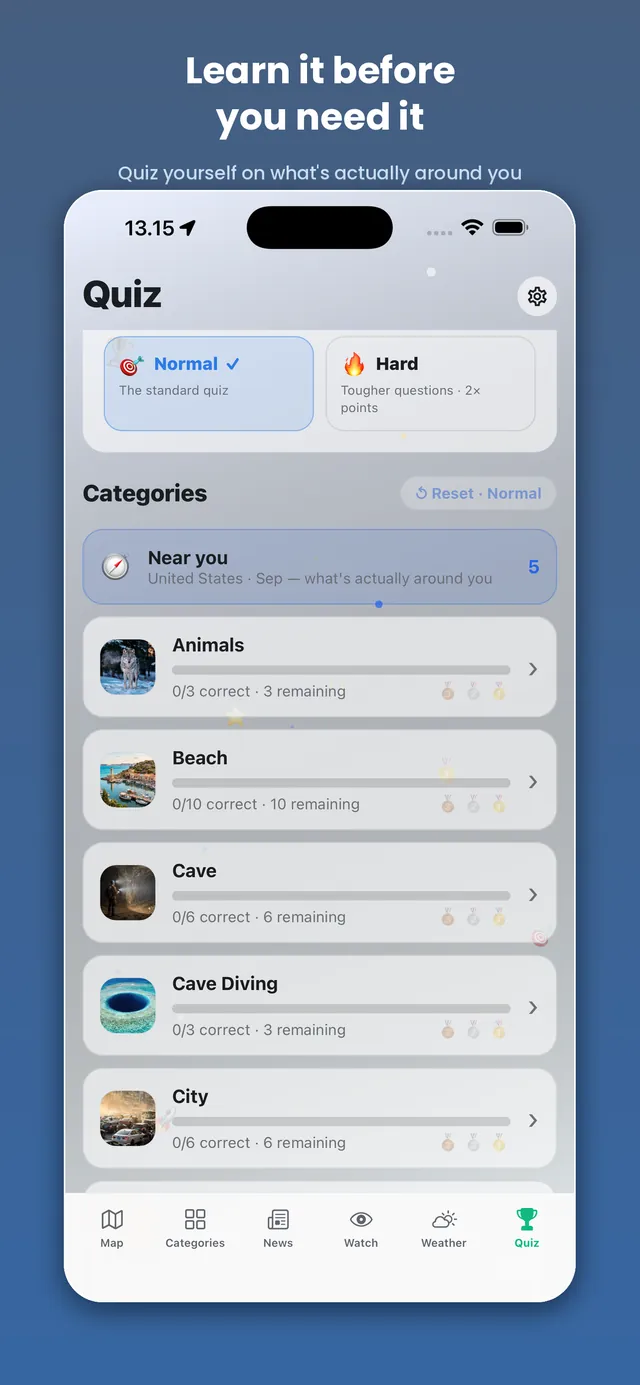 Dangers Here on iPhone: the quiz categories screen — Learn it before you need it.